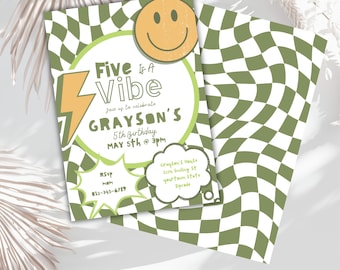 Bearbeitbare fünf a vibe happy dude einladen cool dude weise 5th Birthday party 90er jahre punk Smiley glücklich Thema Party Einladung Skater Download evite
