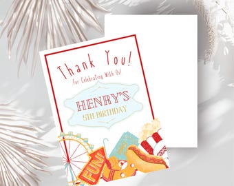 May include: Thank You! for celebrating with us! Henry's 5th Birthday. A red and white striped carnival themed thank you card with a Ferris wheel, popcorn, hot dog, and a sign that says "Fun!"