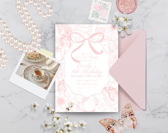Digital childrens fairy tea party invitation garden party birthday bow butterfly tea time invite blush princess tea party printable