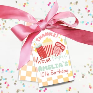 Etiqueta para bolsa con temática de película editable para cumpleaños, pizza, cine retro, cine, palomitas de maíz, imprimible