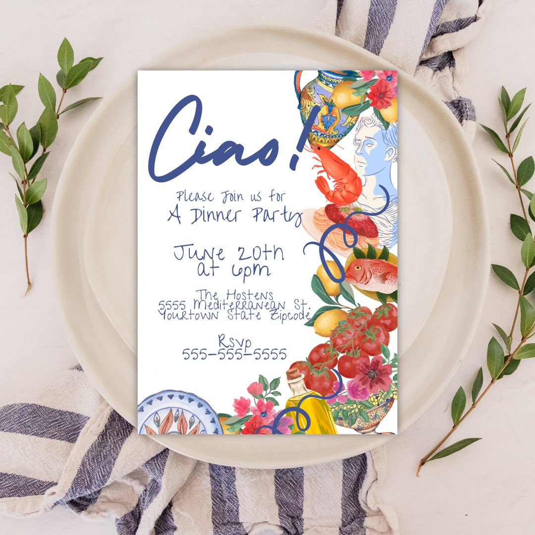 Editable Italian Dinner Party Invite Italy Mediterranean Illustrated ...