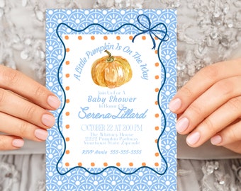 Uitnodiging babyshower blauwe pompoen – bewerkbare canvassjabloon (digitale download)