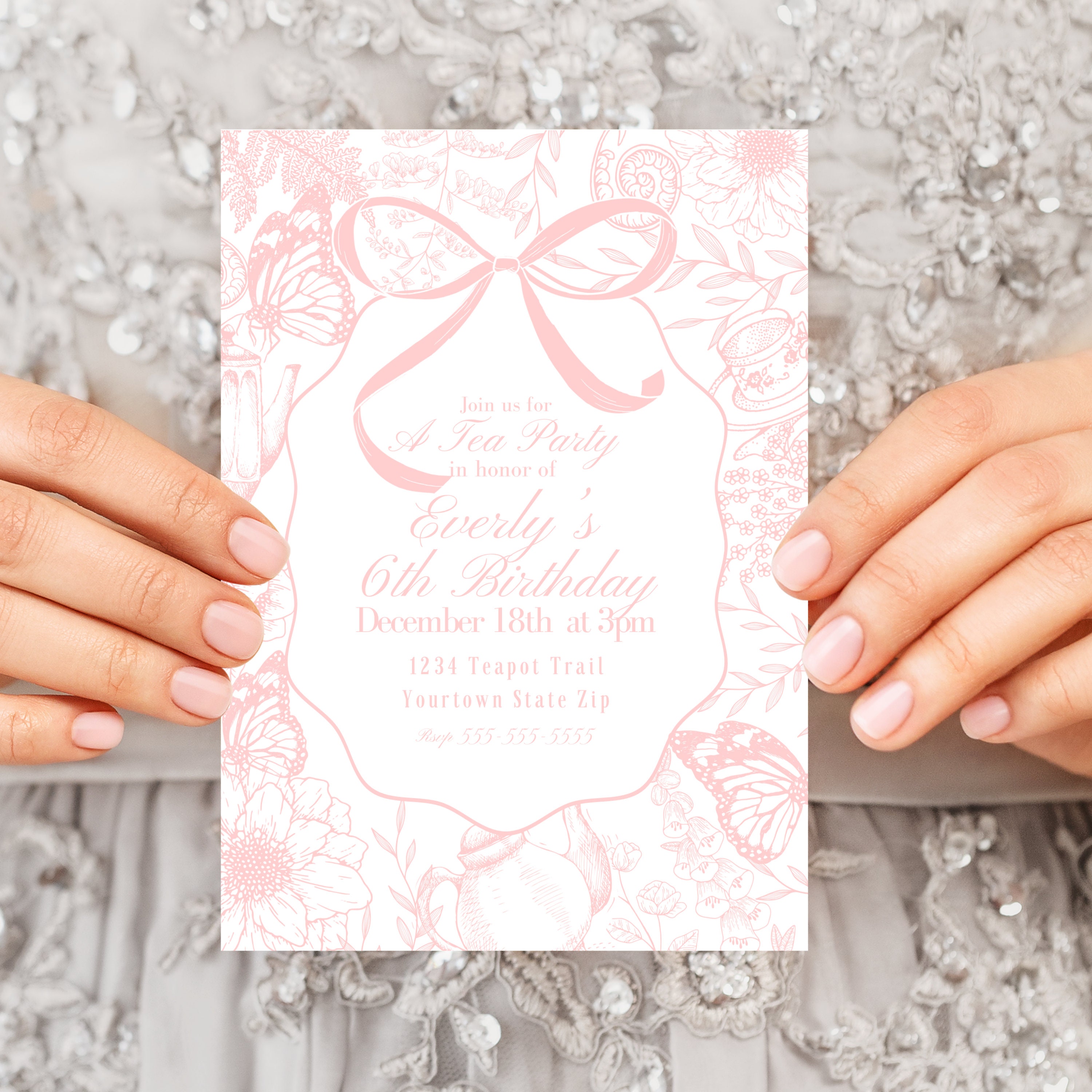 Digital Childrens Tea Party Invitation Garden Party Birthday Bow