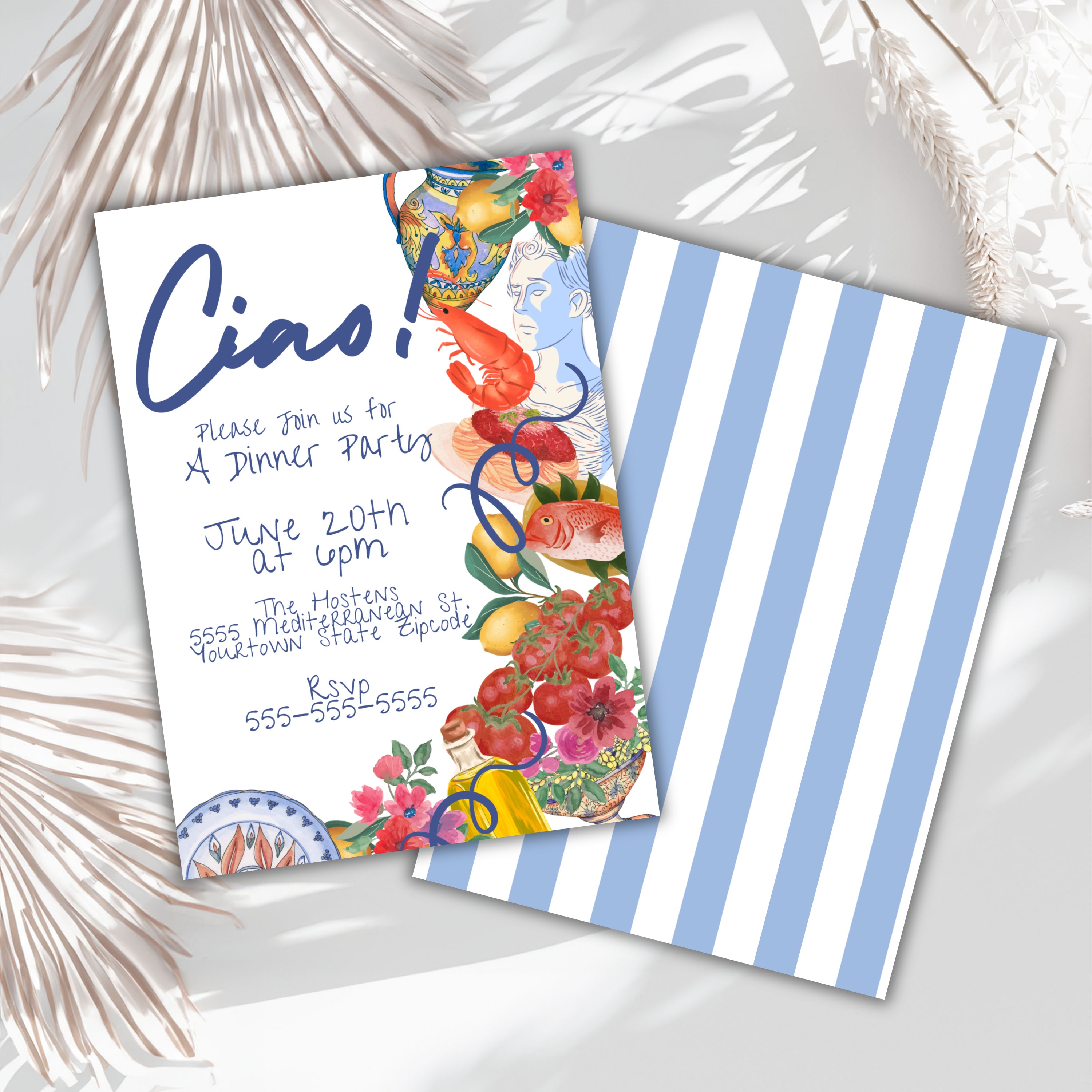 Editable- Italian dinner party invite Italy Mediterranean illustrated pasta seafood night, pasta party dinner party doodle invitation