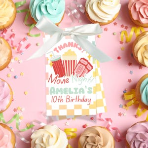 Etiqueta para bolsa con temática de película editable para cumpleaños, pizza, cine retro, cine, palomitas de maíz, imprimible