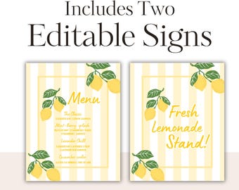 Editable Lemonade Stand Sign & Menu: Printable Party Decor (8x10, Canva Template)