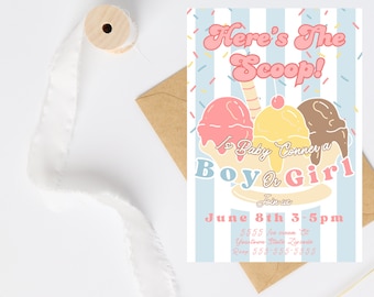 Bewerkbare gender reveal uitnodiging pastel ijsfeestje Dit is de primeur Nodig een babyshower uit voor een ijssalon voor jongens of meisjes Download