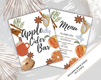 Editable Apple cider station  sign menu baby shower hot cider bar apple favor outdoor bonfire party  fall shower cider menu  Printable