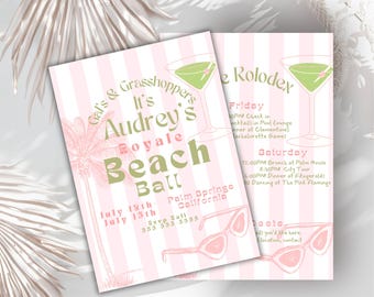 Editable Royale palm beach  retro bachelorette invitation set grasshopper  flamingo cabana invite bachelorette itinerary Printable