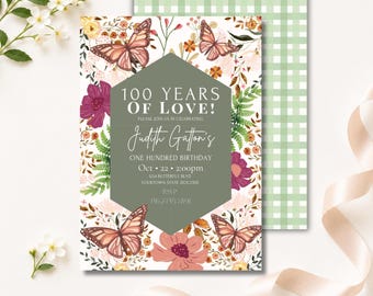May include: A floral birthday invitation with butterflies and the text "100 Years of Love!" The invitation features a green geometric shape with the name "Judith Gatton's" and event details. A second invitation with a green gingham pattern is visible.