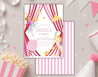 May include: A circus-themed birthday invitation with a pink and white striped design. The invitation features a ballerina, popcorn, and a carousel horse. The text reads "ADELLE IS TURNING 5" and includes party details.