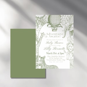 Bearbeitbar Abenteuer erwartet Baby-Dusche einladen Themen-Toile wildes Tier Sage Einladung Sage grünes Tier druckbar Safari Toile De Jouy
