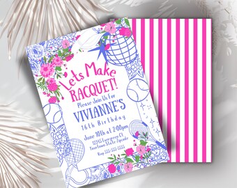 Preppy roze tennisverjaardagsuitnodiging – bewerkbare sjabloon (digitale download)