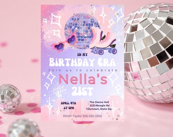 Pode incluir: Um convite de aniversário roxo e rosa com uma bola de discoteca, patins e o texto "In My Birthday Era, Join us to celebrate Nella's 21st, April 4th at 6pm, The Dance Hall, 2222 Boogie Rd, Yourtown, State Zip, RSVP: Taylor 555-555-5555".