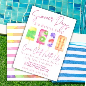 Puede incluir: Invitaci&oacute;n a una fiesta de fin de verano con un fondo de acuarela e ilustraciones de paletas de hielo. El texto dice "Summer Days Are Melting Away! Come Chill With Us For an End of Summer Party! July 12th 4-5:30pm Penelope's House 5555 Popsicle Parkway Yourtow State Zipcode RSVP 555.555.5555"