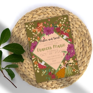 Puede incluir: Una invitación de cumpleaños verde y rosa con un diseño floral y el texto "Flutten and Twinl Let's Celebrate Our Birthday Girl Frances Marie Is Turning 6 Oct 22 2:00PM 555 Forest Ave Yourtown State Zip RSVP 555-555-5555."