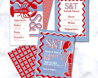 Editable lobster boil invitation rehearsal dinner  kit lobster bake  wedding rehearsal menu scalloped edge seafood dinner details rsvp set