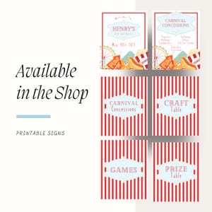 May include: Printable signs with a carnival theme. The signs feature red and white striped backgrounds and light blue text boxes. Text includes "Carnival Concessions," "Craft Table," "Games," and "Prize Table." Additional signs say "Welcome to Henry's 6th Birthday" and list carnival food.