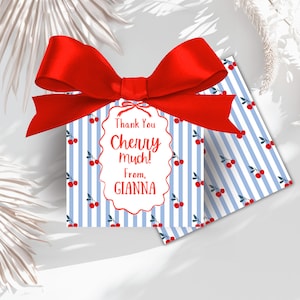 Editable cherry on top shower  bow cherry sweet gift favor tag cherry  baby shower party Coquette aesthetic striped illustrated printable