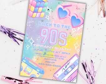 Uitnodiging themafeest jaren 90, iriserend Y2K, verjaardag meisjes (digitale sjabloon)