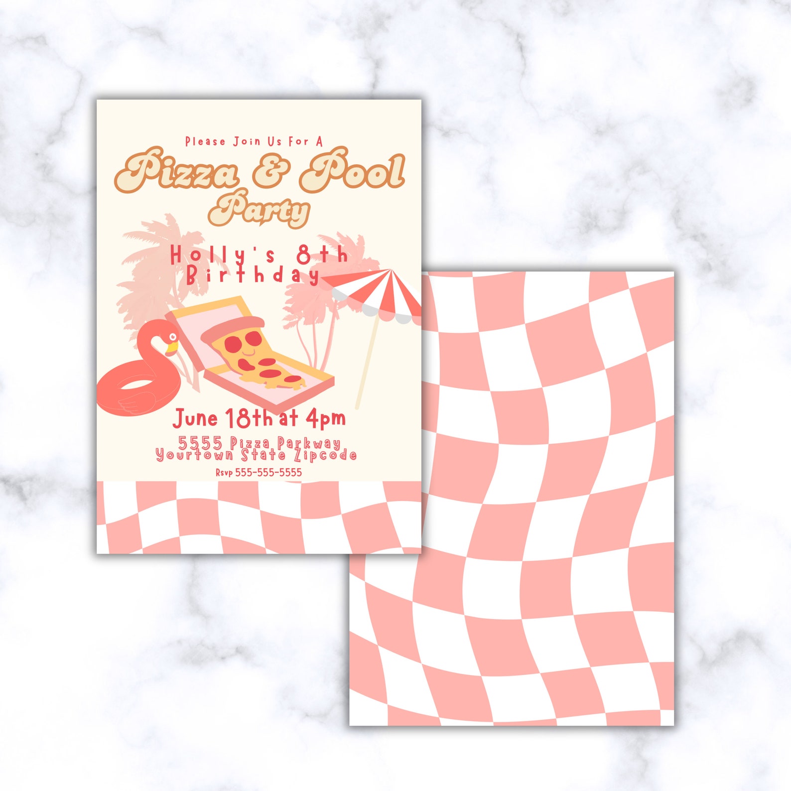 Editable Pizza Pool Party Invitation Retro Pink Swimming Retro Preppy ...