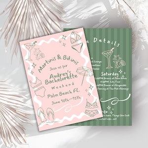 Editable- martini and bikini   invitation tini bachelorette weekend invite, bachelorette dirty martini  beach bach itenerary  -Printable