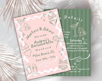 Editable- martini and bikini   invitation tini bachelorette weekend invite, bachelorette retro cocktail beach  itenerary  -Printable