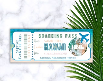 May include: A blue and white boarding pass with the text "Surprise! Pack Your Bags" and "CHI to HNL". The boarding pass also includes the text "Boarding Pass", "Name: Natalie Riley", "Location: Hawaii", "Date: August 20th 2025", and "Special Message Here!!!".