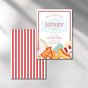 May include: Carnival-themed birthday party invitation with red and white striped backing. The invitation features the text "Step Right Up!" and "HENRY IS TURNING 5". Includes illustrations of a Ferris wheel, hot dog, popcorn, and tickets.