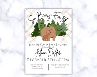 Bear Baby Shower Invitation, Woodland Theme (Editable Canva Template)