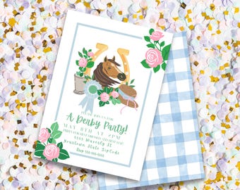 May include: A blue and white invitation with a green border. The invitation has a picture of a brown horse's head with a horseshoe and a blue ribbon. The text on the invitation reads "Please join us for a Derby Party! May 8th at 2pm. When for test dressed and dent hat. 5555 Warealy St. Yourtown State Zip Code. Darp 555-555-5555."