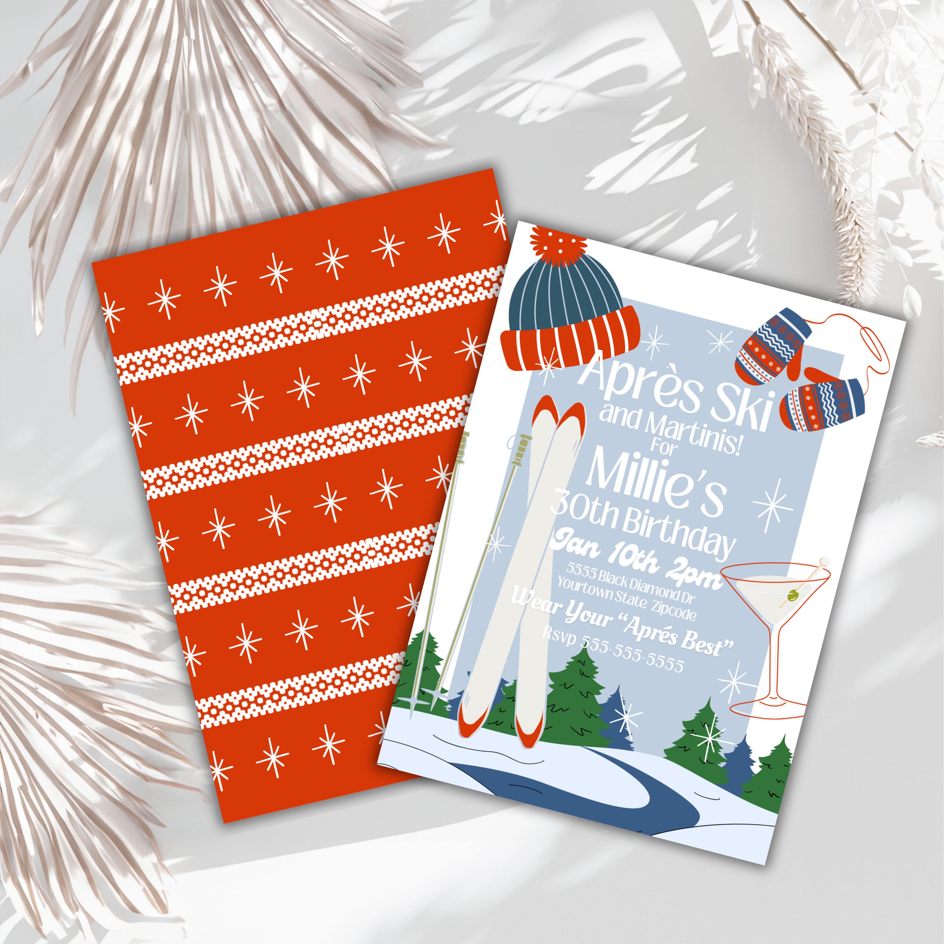 Editable apres ski party birthday invite . Retro ski party, cabin party, winter birthday party ski bunny , ski lodge invitation template