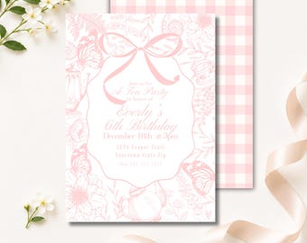Invitación de cumpleaños para fiesta de té, jardín ruborizado, lazo de mariposa (digital)