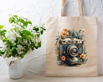 Camera Tote Bag, Floral Camera Tote Bag, Photographer Tote Bag, Canvas Tote Bag