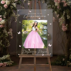 Custom acrylic Quinceañera welcome sign 18x24&quot; | pink butterflies to match XV dress - blue, pink, green for mis quince años
