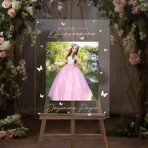 Custom acrylic Quinceañera welcome sign 18x24" | pink butterflies to match XV dress - blue, pink, green for mis quince años