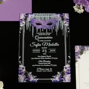 Clear acrylic Quinceañera invitations masquerade theme purple flowers silver invites mis quince años sweet 16