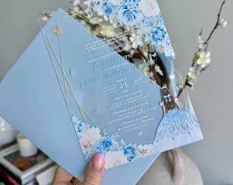 Clear Acrylic Quinceañera Invitation: Sky Blue Enchanted Garden