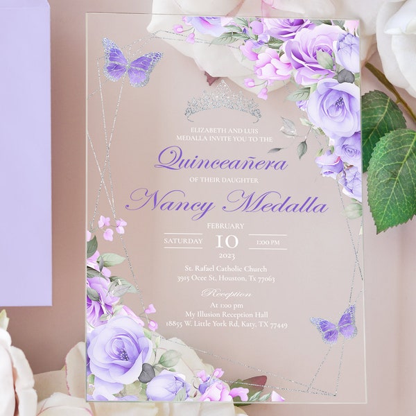Clear acrylic Quinceañera invitations with lavender purple flowers and butterflies silver glitter floral invites mis quince años sweet 16
