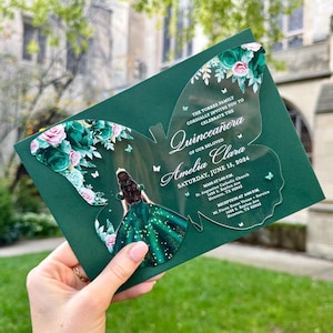 Butterfly Acrylic Quinceañera Invitations: Emerald Green & Pink Princess Invites for Sweet Sixteen