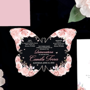 Invitaciones de quinceañera acrílicas con mariposas, invitaciones de color rosa rubor transparente cortadas con láser para mis quince años, dulces 16, debut de cumpleaños número 18