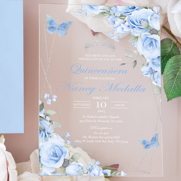 Clear acrylic Quinceañera invitations with baby blue flowers and butterflies silver gold floral invites Mis Quince Años sweet 16