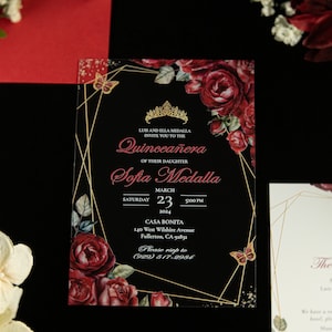 Acrylic Quinceañera Invitations: Red Floral & Gold Butterflies