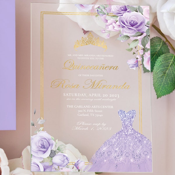 Clear acrylic Quinceañera invitations with lavender flowers gold silver |custom floral invites with envelopes for mis quince años sweet 16