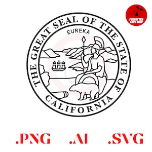 May include: Black and white line art illustration of the Great Seal of the State of California. The seal features a woman holding a spear, a bear, a ship, and the words "The Great Seal of the State of California" and "Eureka".