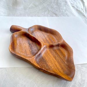 Vintage Monkey Pod Wooden Leaf Dish: Three Sectioned Tray Hawaii