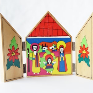 South American Lacquered Wood Nativity Triptych: La Palma Christmas Decor, Colourful Creche