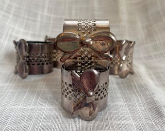 Set of Six Vintage Bow Napkin Rings: Silver Tone Reticulated Napkin Holders