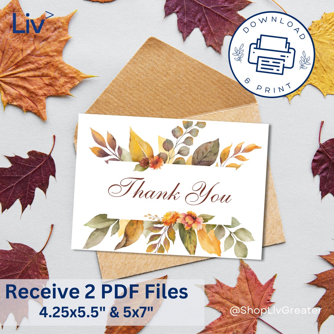 Printable Fall Thank You Card, Instant Download, Gift, Gratitude Card ...