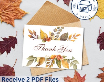 Printable Fall Thank You Card, Instant Download, Gift, Gratitude Card, Digital Download, Leaves, Digital Art, Art Print